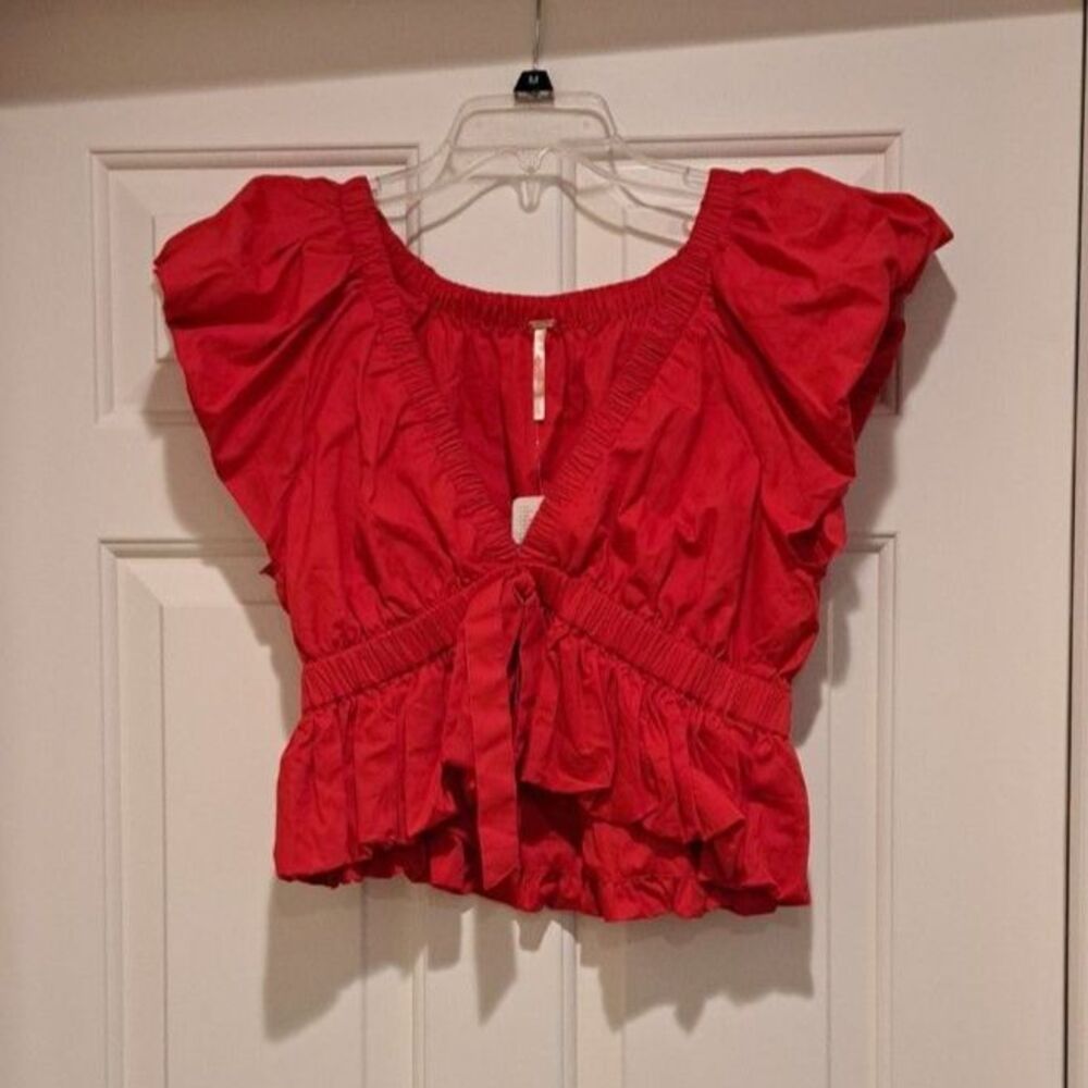 New Free People Bring the Bubble Plunge Crop Top Red Size Small Ruffle Cotton